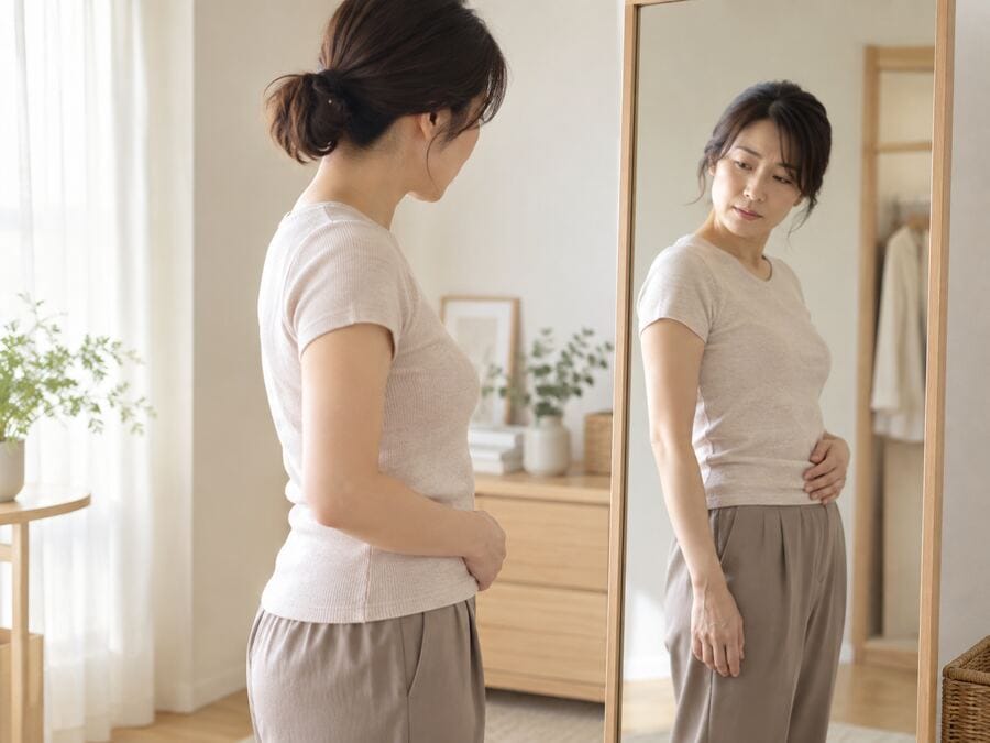 鏡の前で姿勢や体型を気にする女性