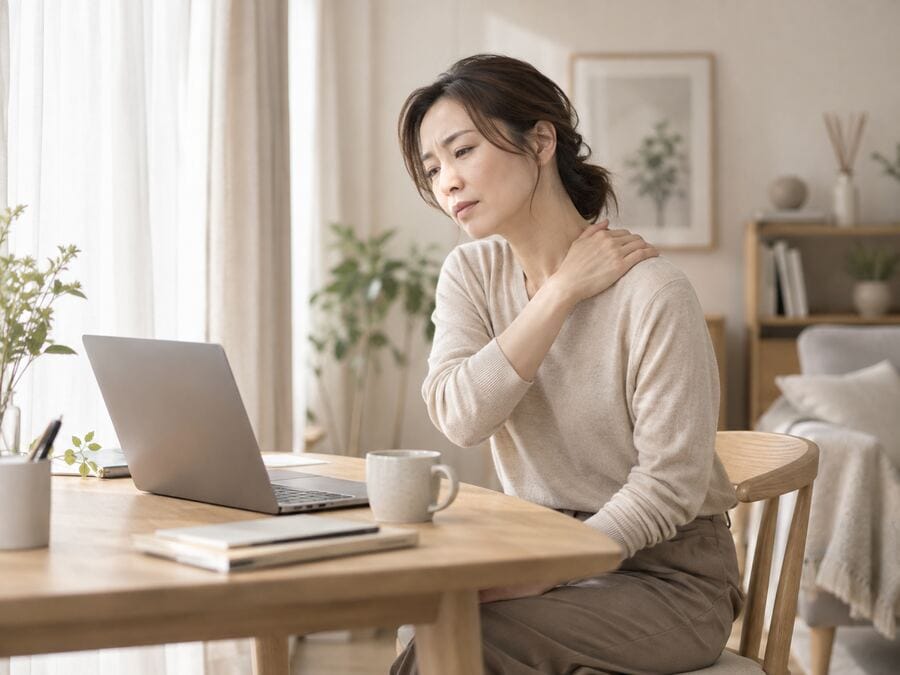 肩に手を当てて不調を感じる女性